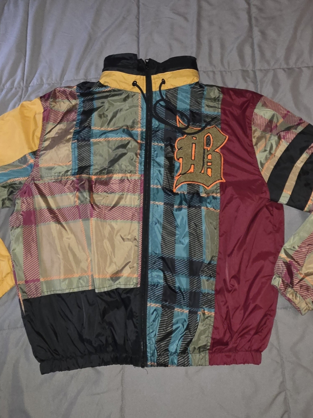 Multicolor Plaid Men's Windbreaker Jacket with Contrast Panels
